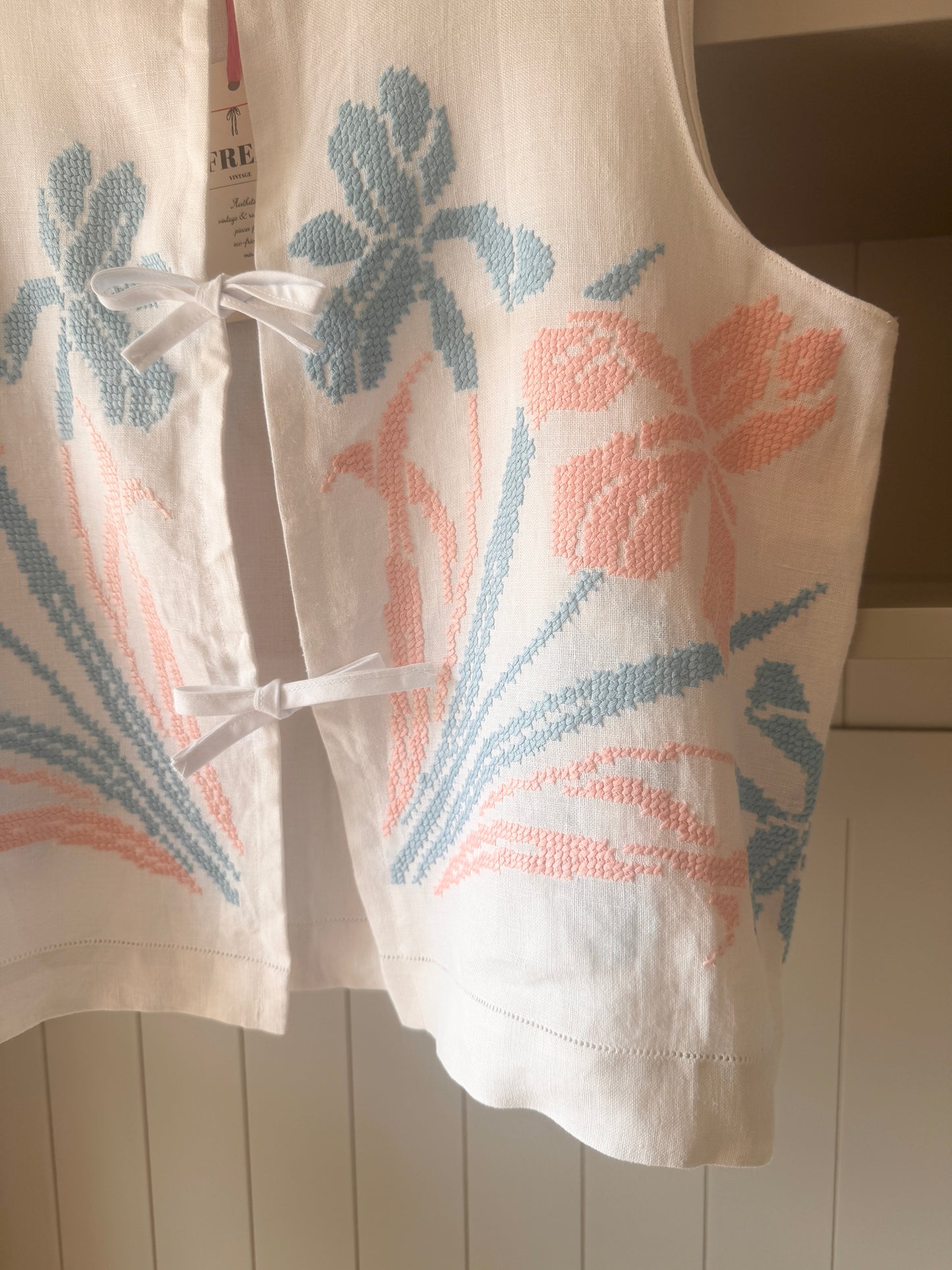Floral Linen Tie Front Top; Reworked White Top
