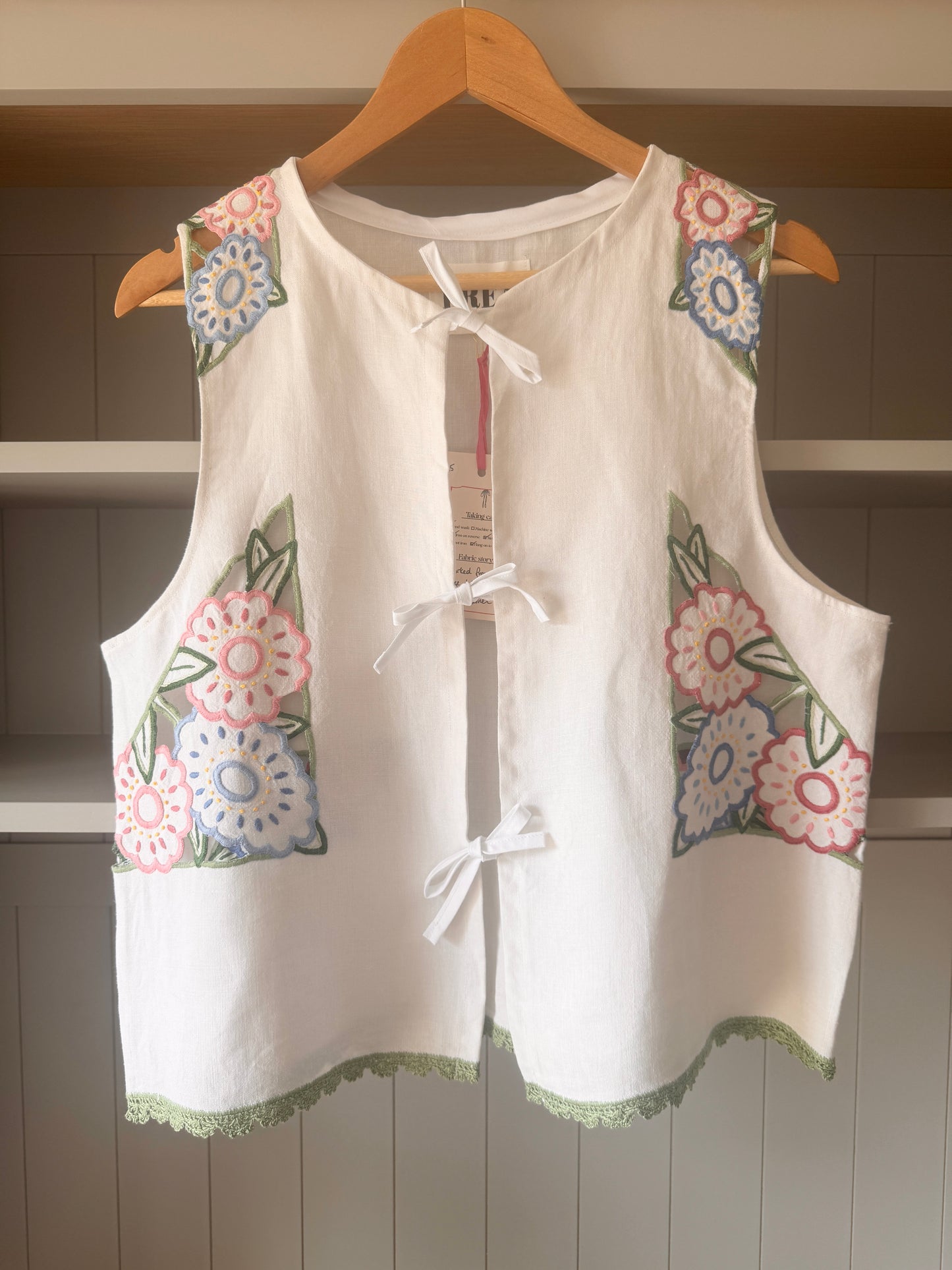 Linen Embroidered Tie Front Top; Reworked White Top