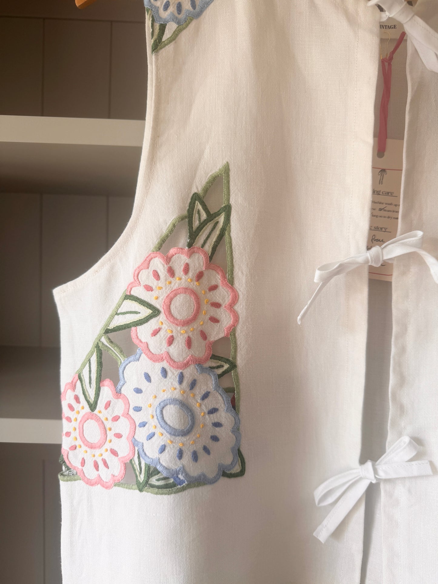 Linen Embroidered Tie Front Top; Reworked White Top