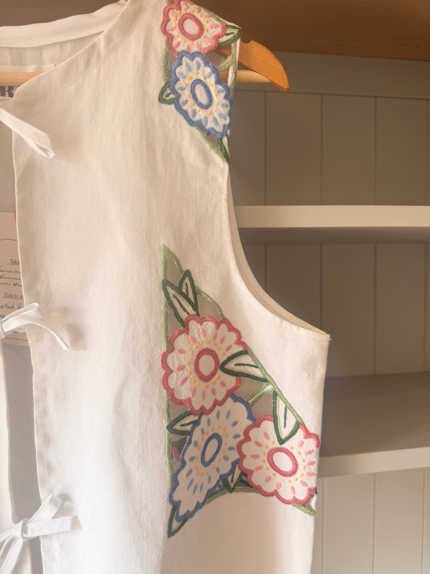 Linen Embroidered Tie Front Top; Reworked White Top
