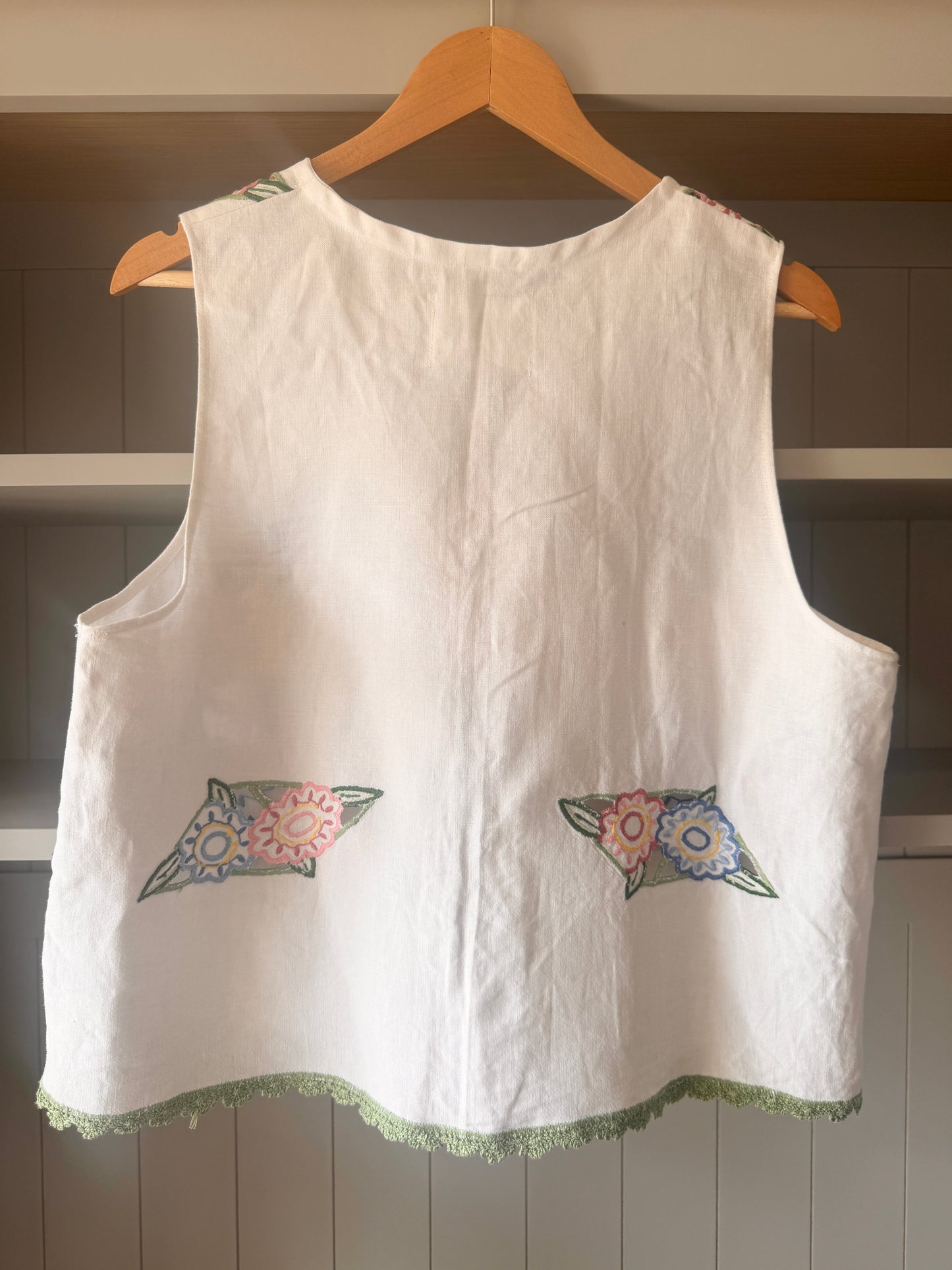 Linen Embroidered Tie Front Top; Reworked White Top