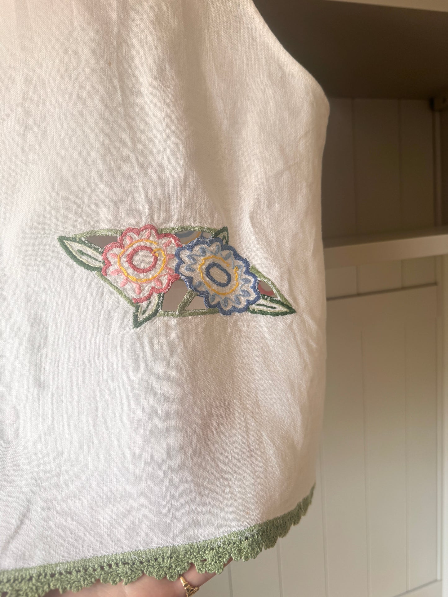 Linen Embroidered Tie Front Top; Reworked White Top