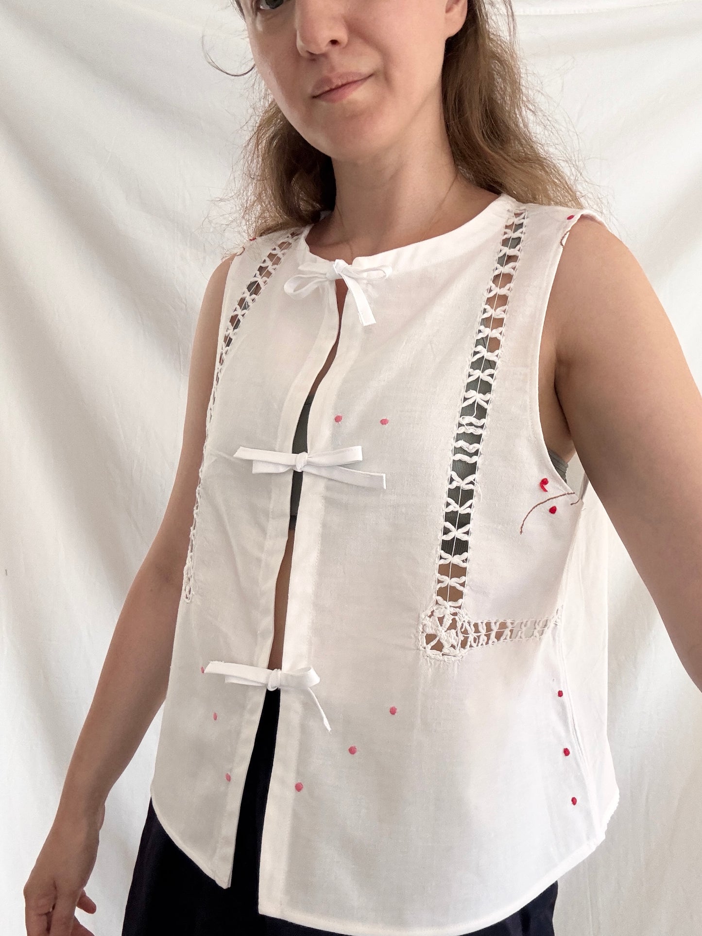 One of a Kind Embroidered Top; Reworked Tie Vest