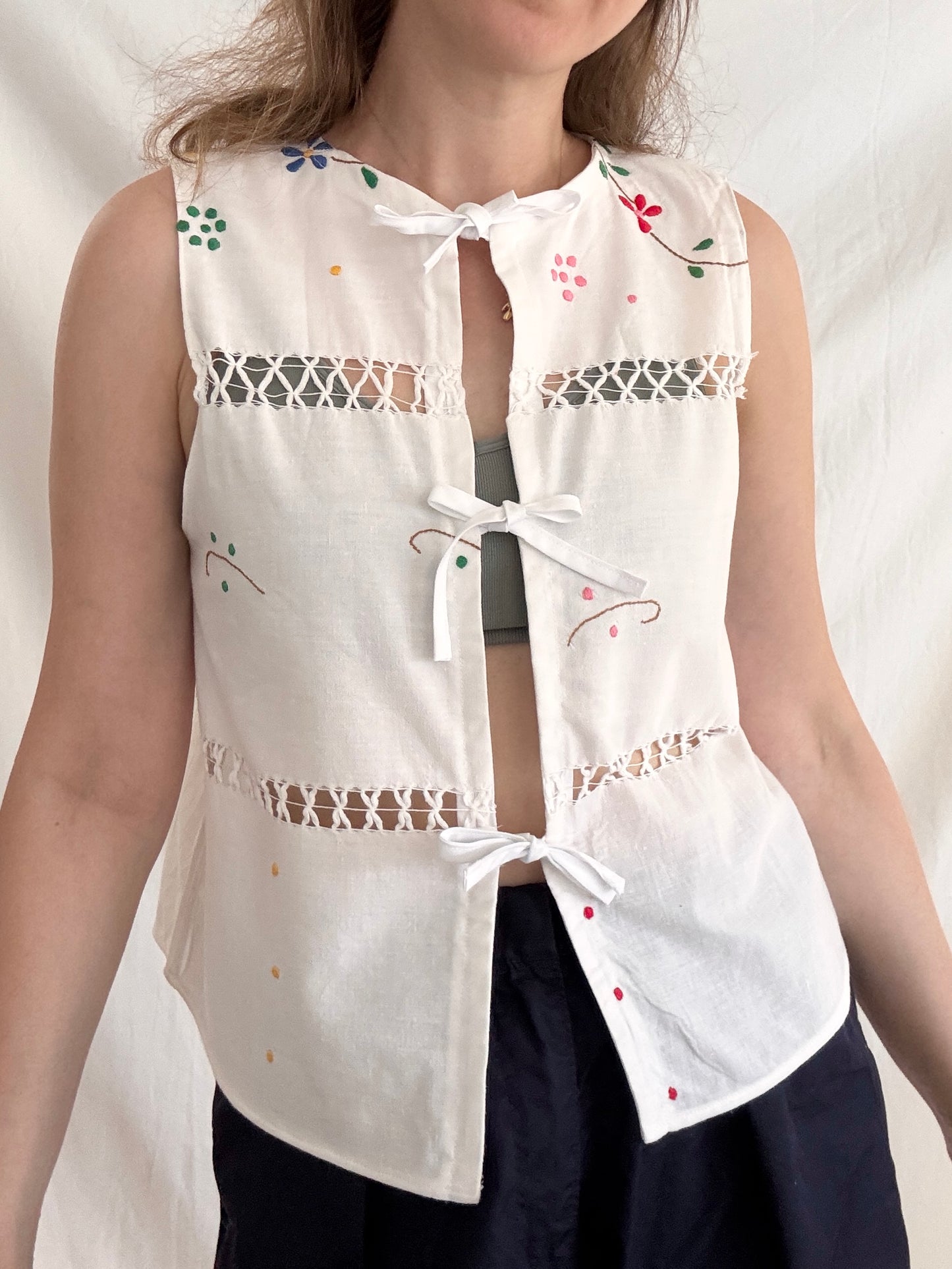 One of a Kind Embroidered Top; Reworked Tie Vest