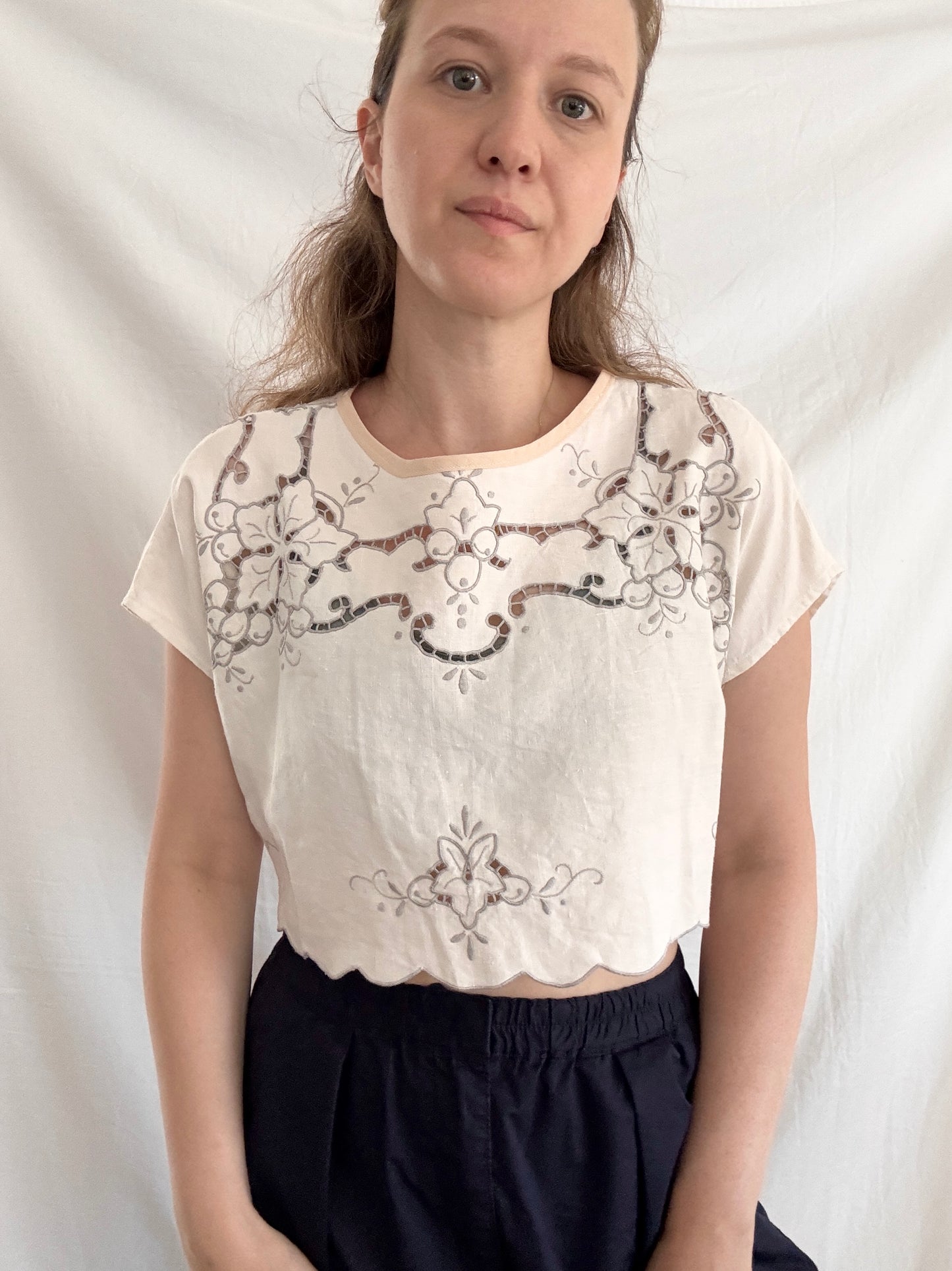 Rework Embroidered Blouse; Upcyled Linen Blouse