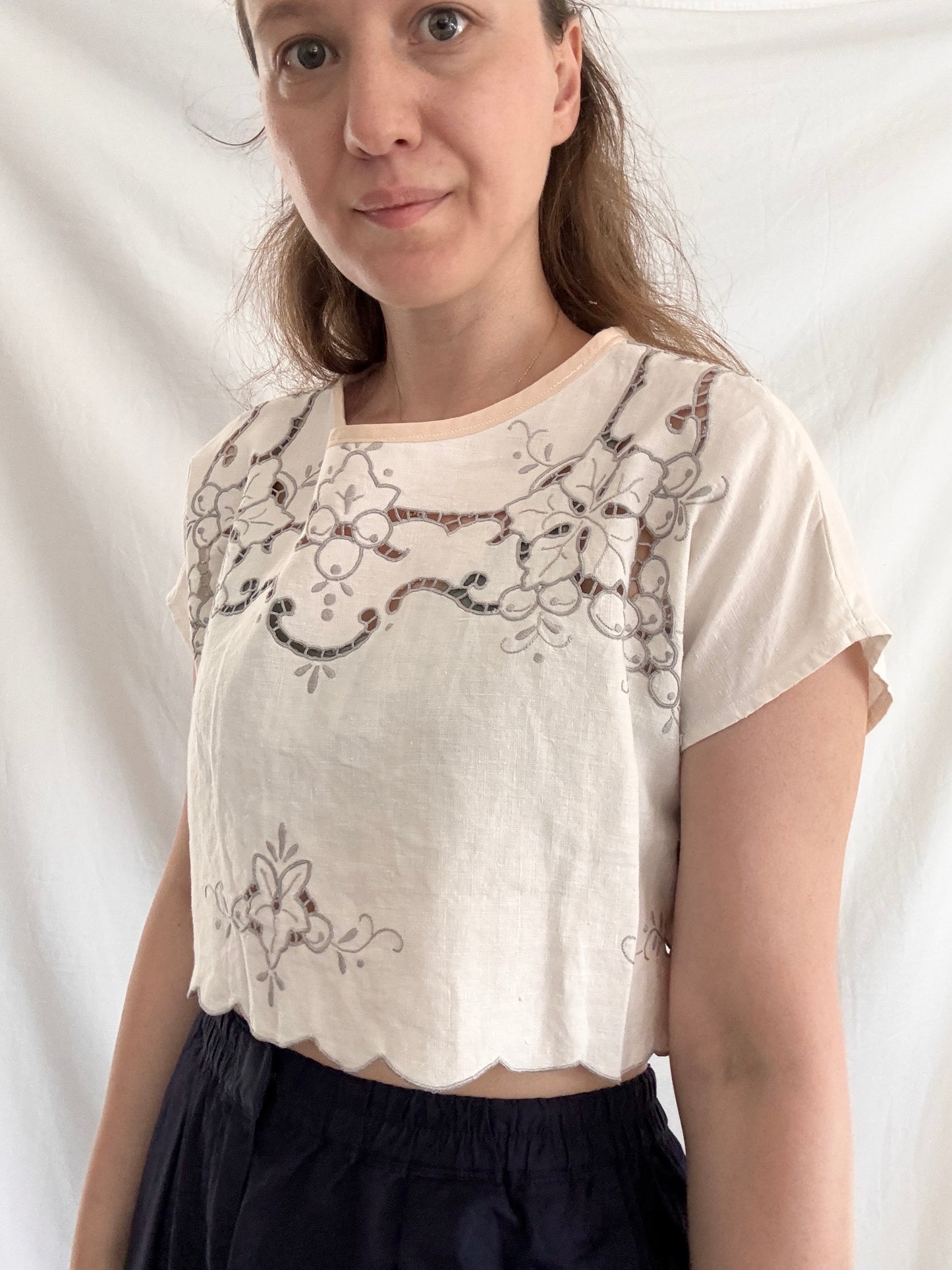 Rework Embroidered Blouse; Upcyled Linen Blouse