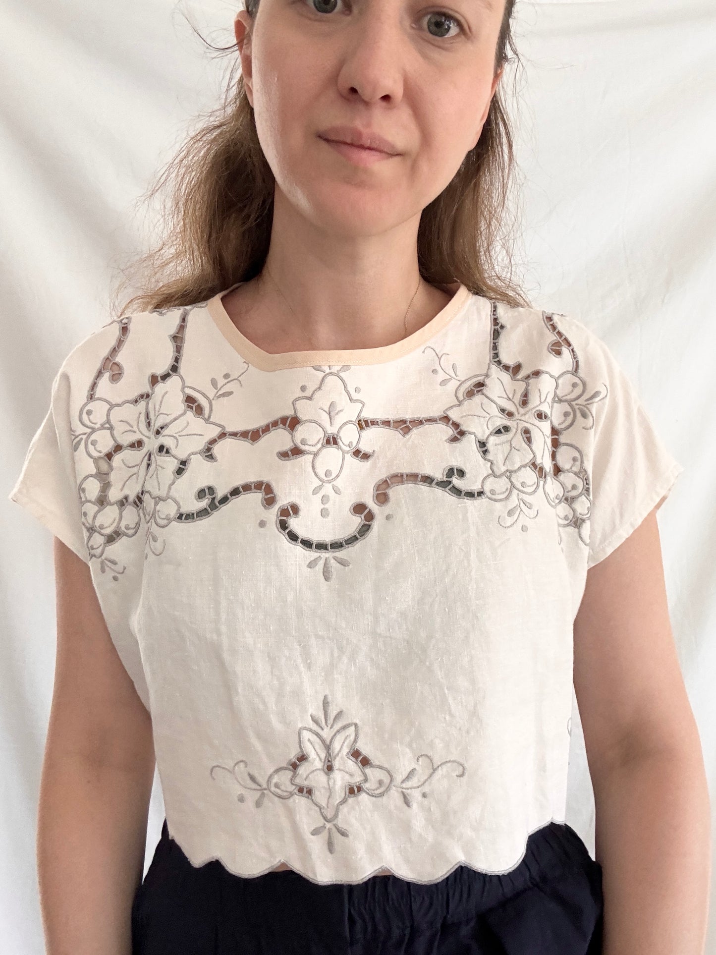 Rework Embroidered Blouse; Upcyled Linen Blouse