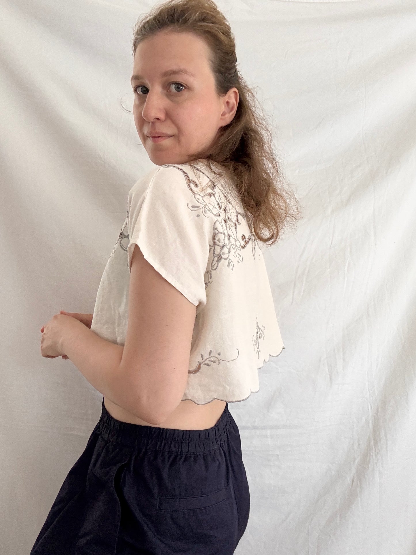 Rework Embroidered Blouse; Upcyled Linen Blouse