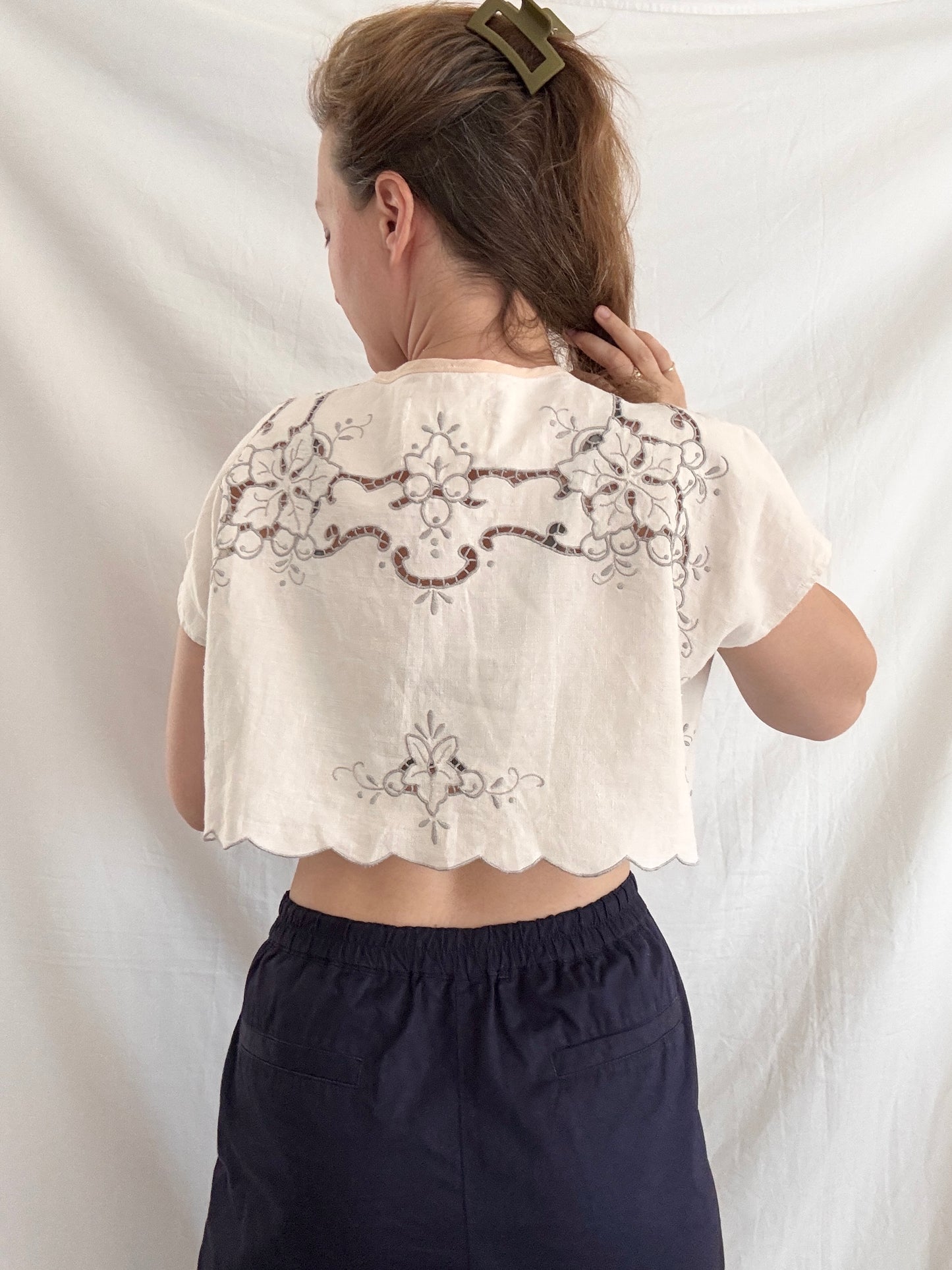 Rework Embroidered Blouse; Upcyled Linen Blouse