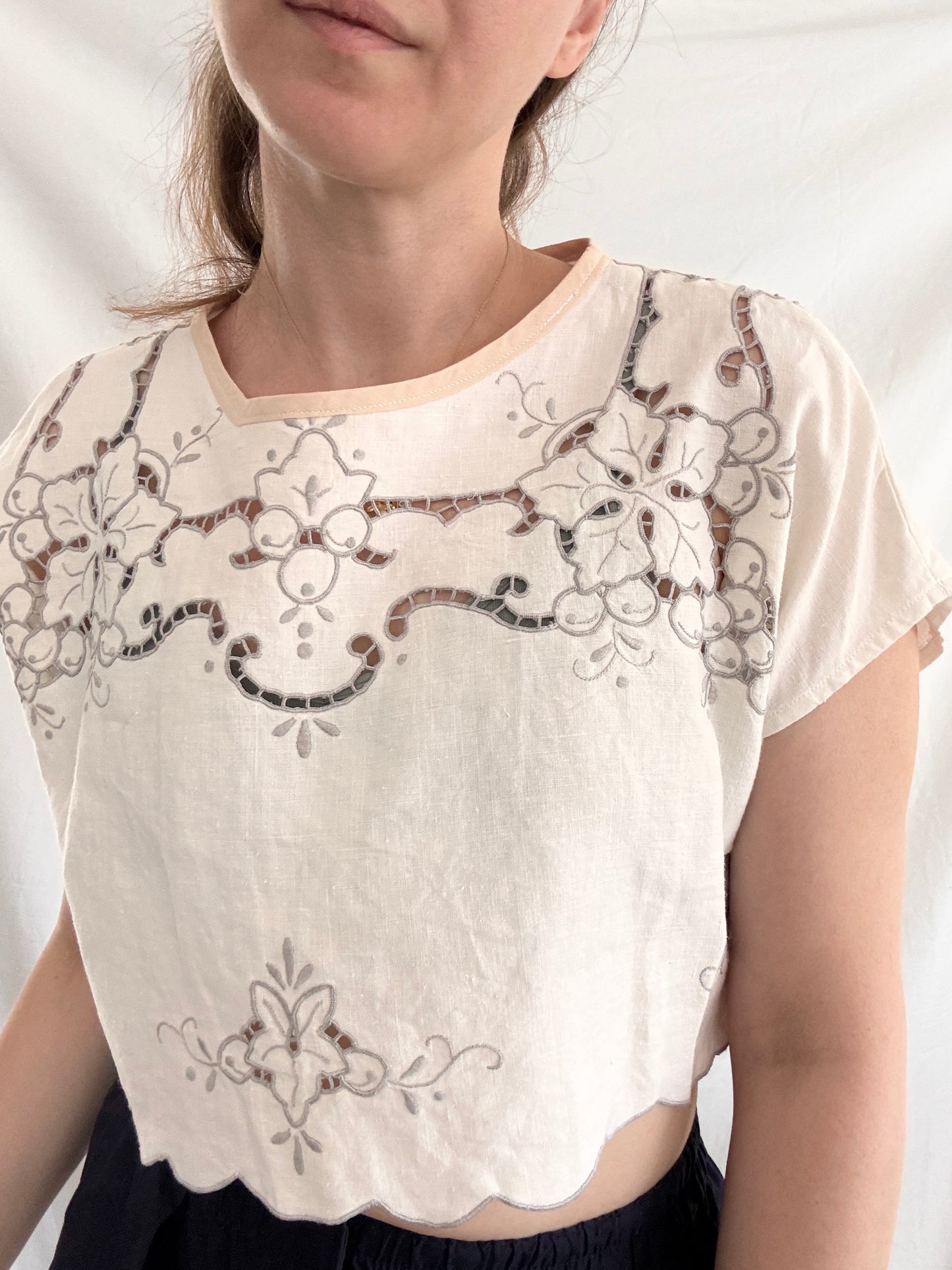 Rework Embroidered Blouse; Upcyled Linen Blouse