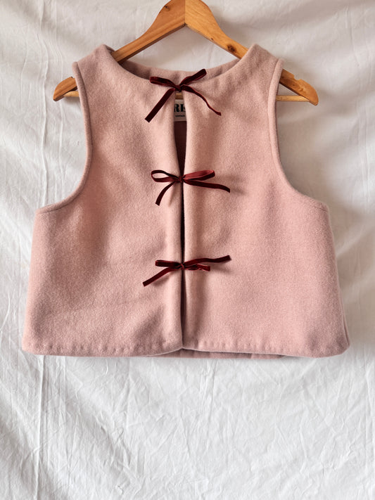 Soft Pink Wool Vest with Velvet Ribbons