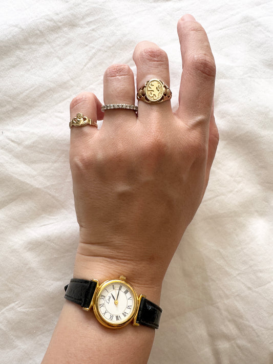 Vintage Roman Numeral Watch; Black Leather Watch