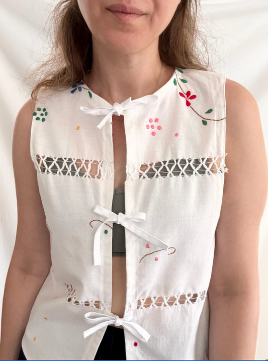 One of a Kind Embroidered Top; Reworked Tie Vest