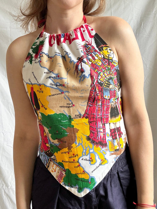 Reworked Scotland Tea Towel Top; Upcycled Halter Neck Top