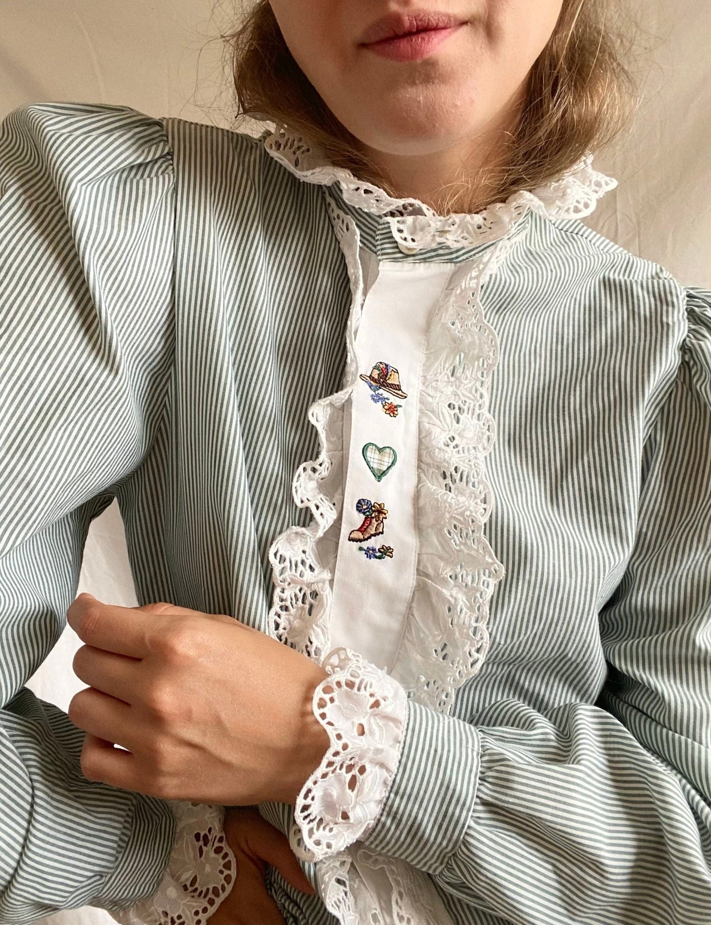 Vintage Hungarian Blouse; Embroidered Romantic Blue Blouse; Striped Green Blouse