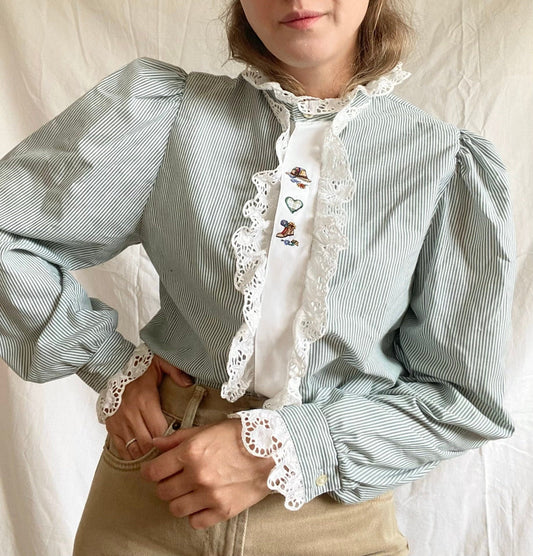 Vintage Hungarian Blouse; Embroidered Romantic Blue Blouse; Striped Green Blouse
