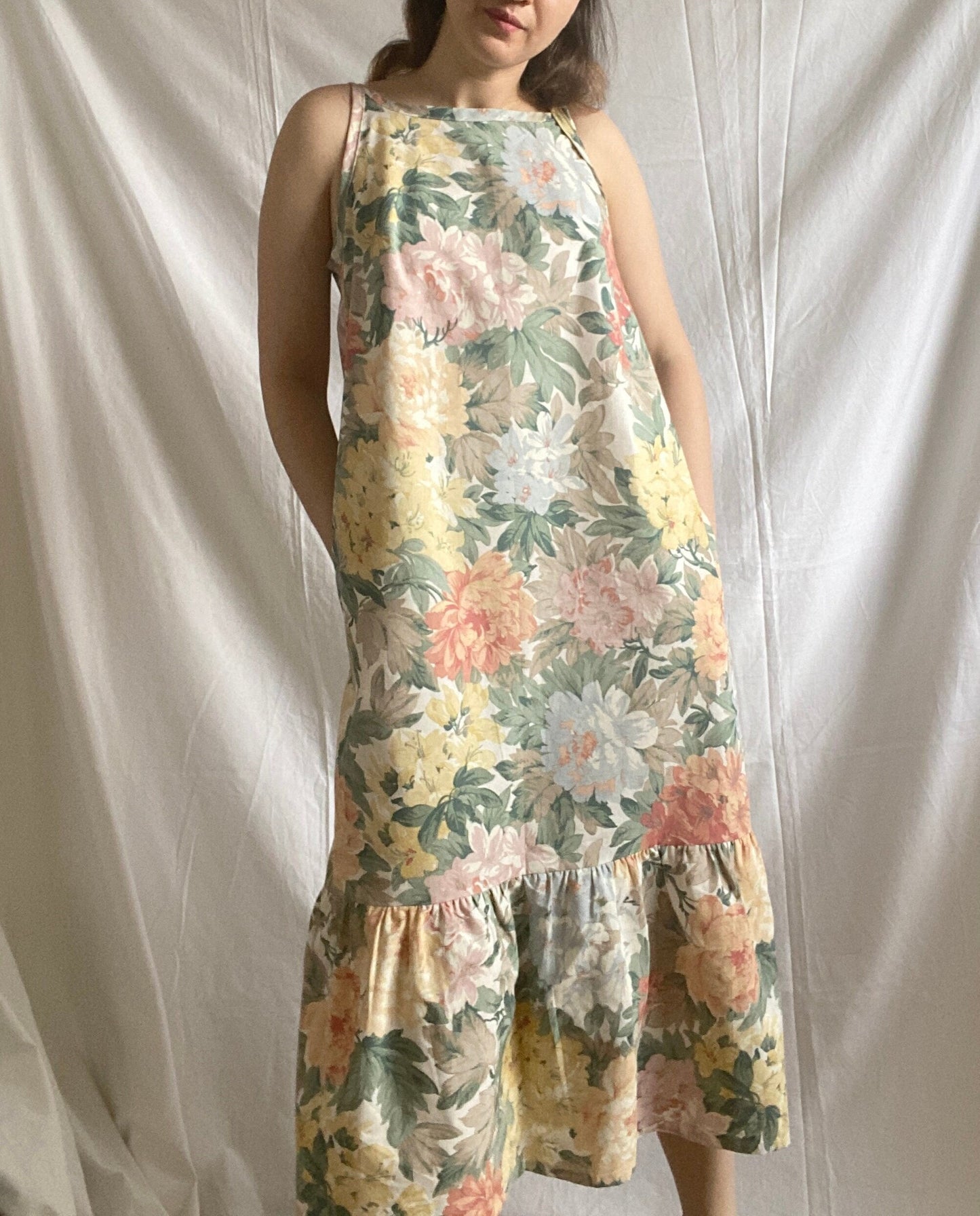 Reworked Floral Ruffle Dress; Upcyled Embroidered Summer Dress