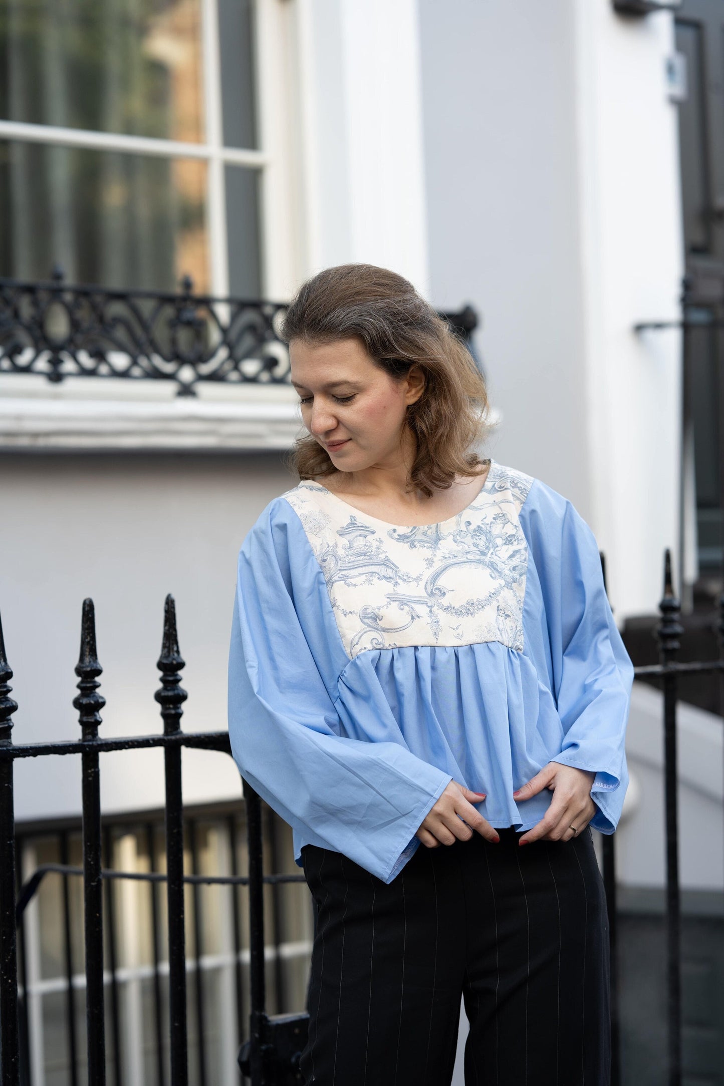 Reworked Blue Blouse; Upcyled Oversized Blouse; Toile de Jouy Blouse