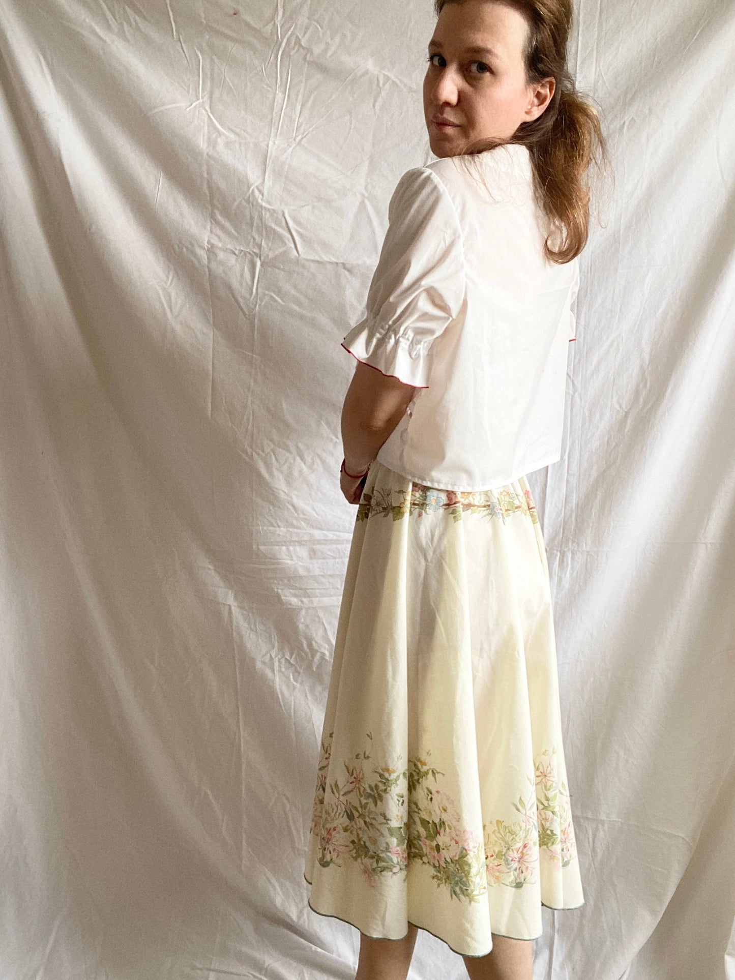Reworked Midi Skirt; Upcycled Tablecloth Skirt