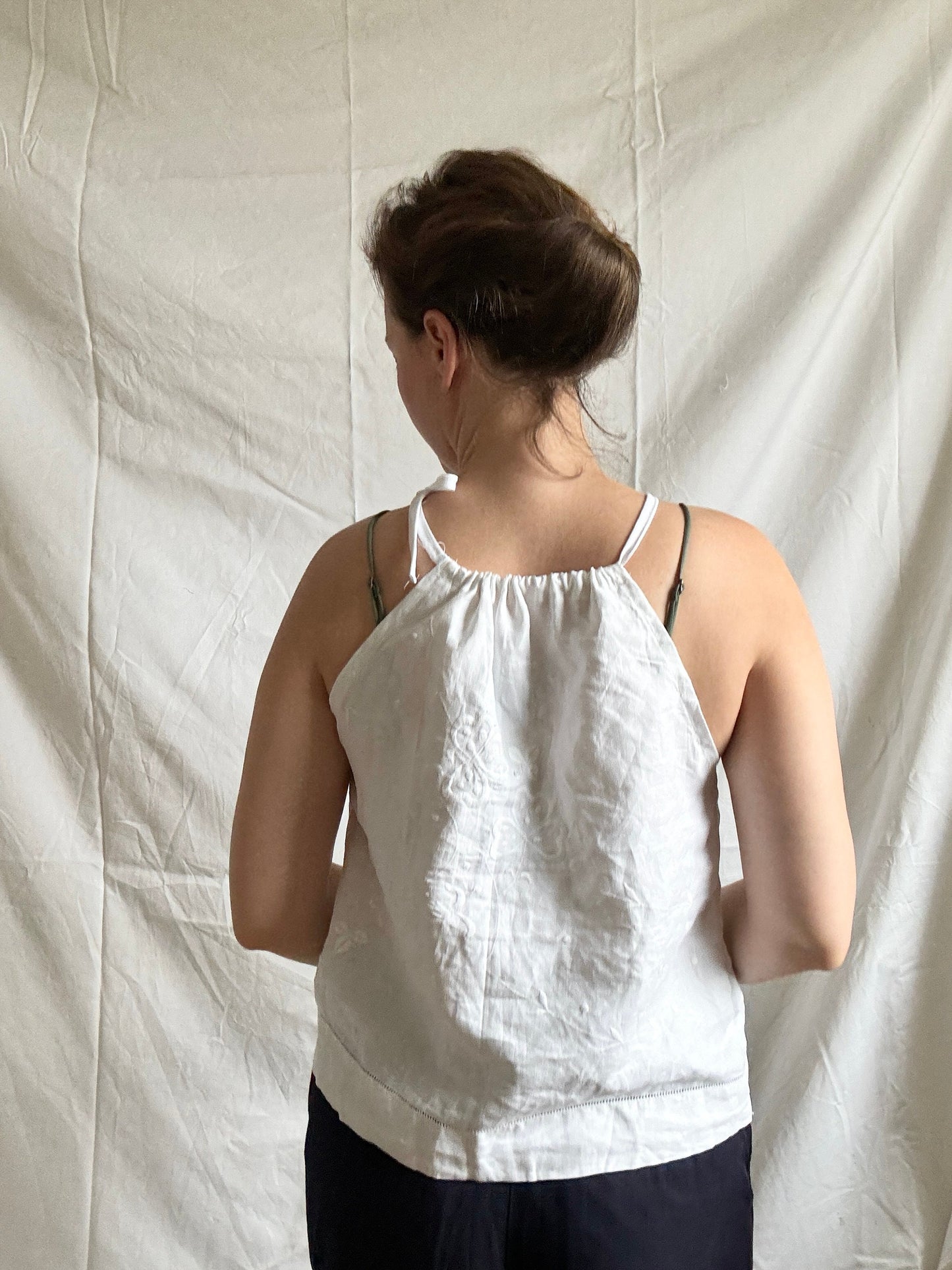 Reworked White Linen Top; Upcycled Tablecloth Top; Halter Neck Top