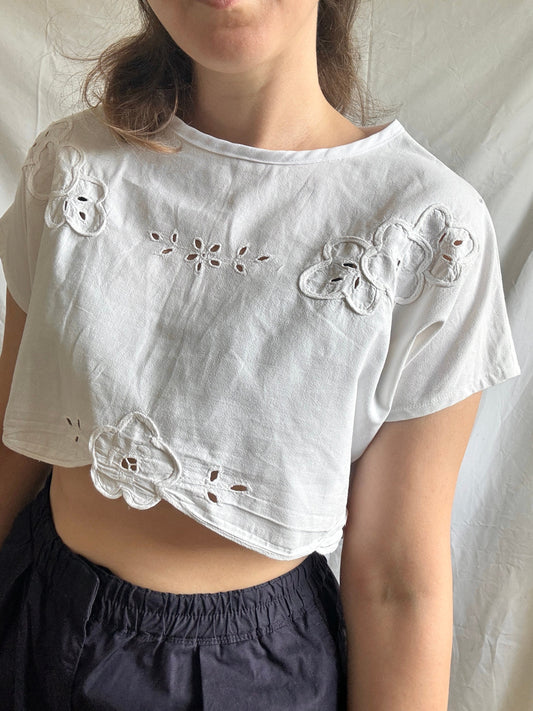 Reworked White Crop Top; Upcyled Embroidered Blouse