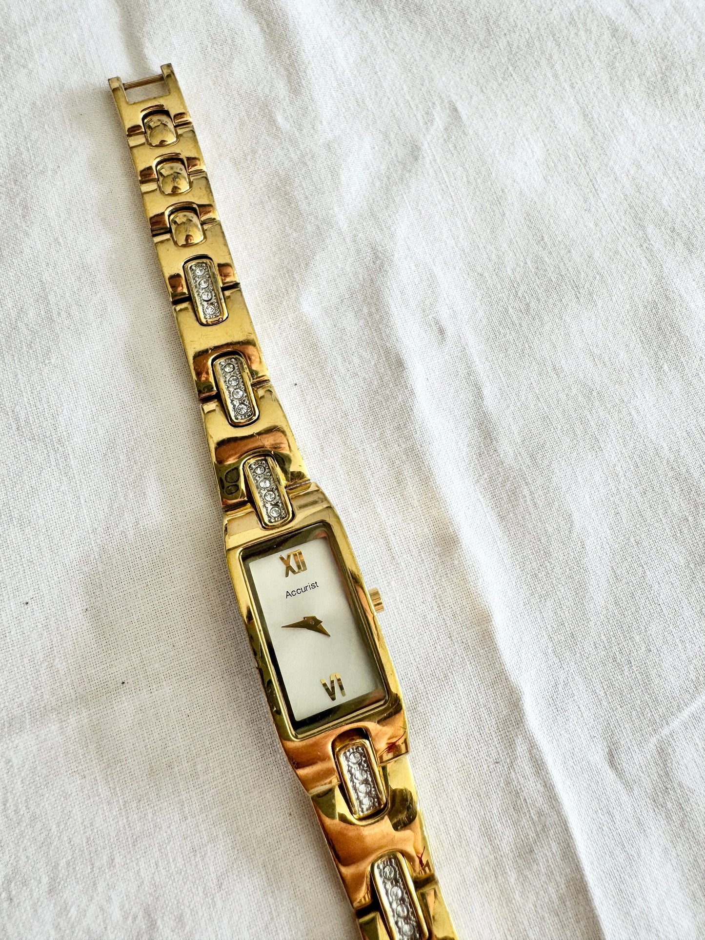 Vintage Dainty Stone Watch; Gold Tone Roman Number Watch