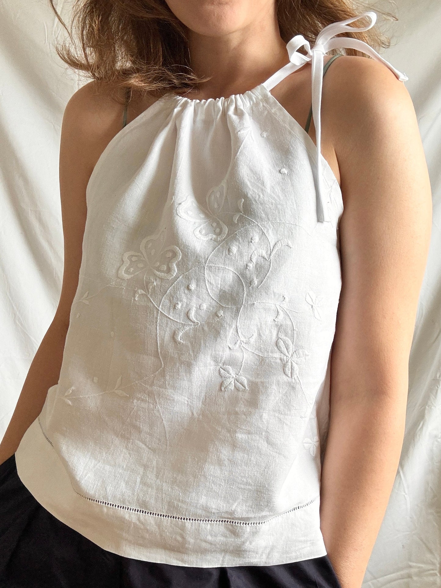Reworked White Linen Top; Upcycled Tablecloth Top; Halter Neck Top