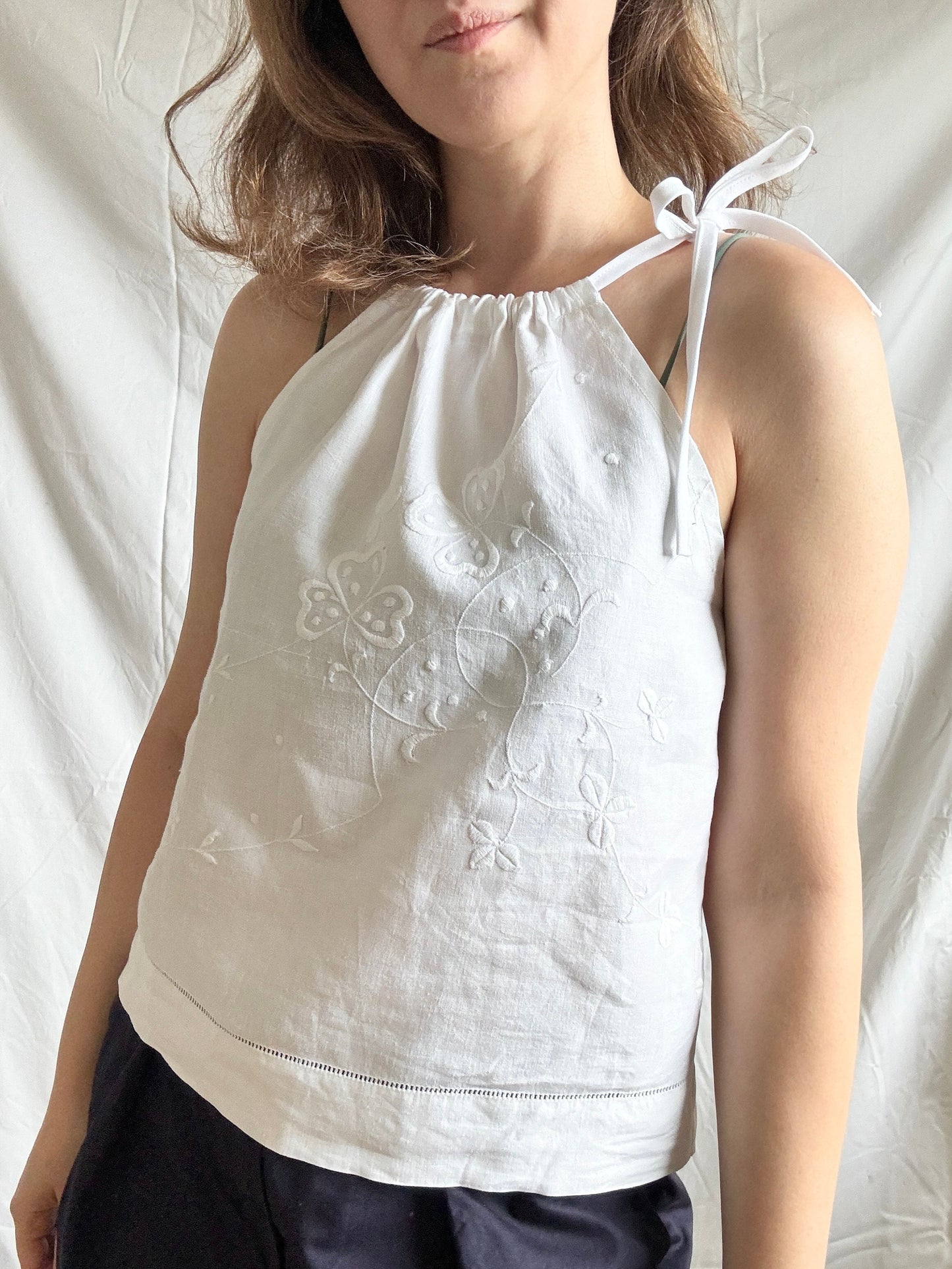 Reworked White Linen Top; Upcycled Tablecloth Top; Halter Neck Top