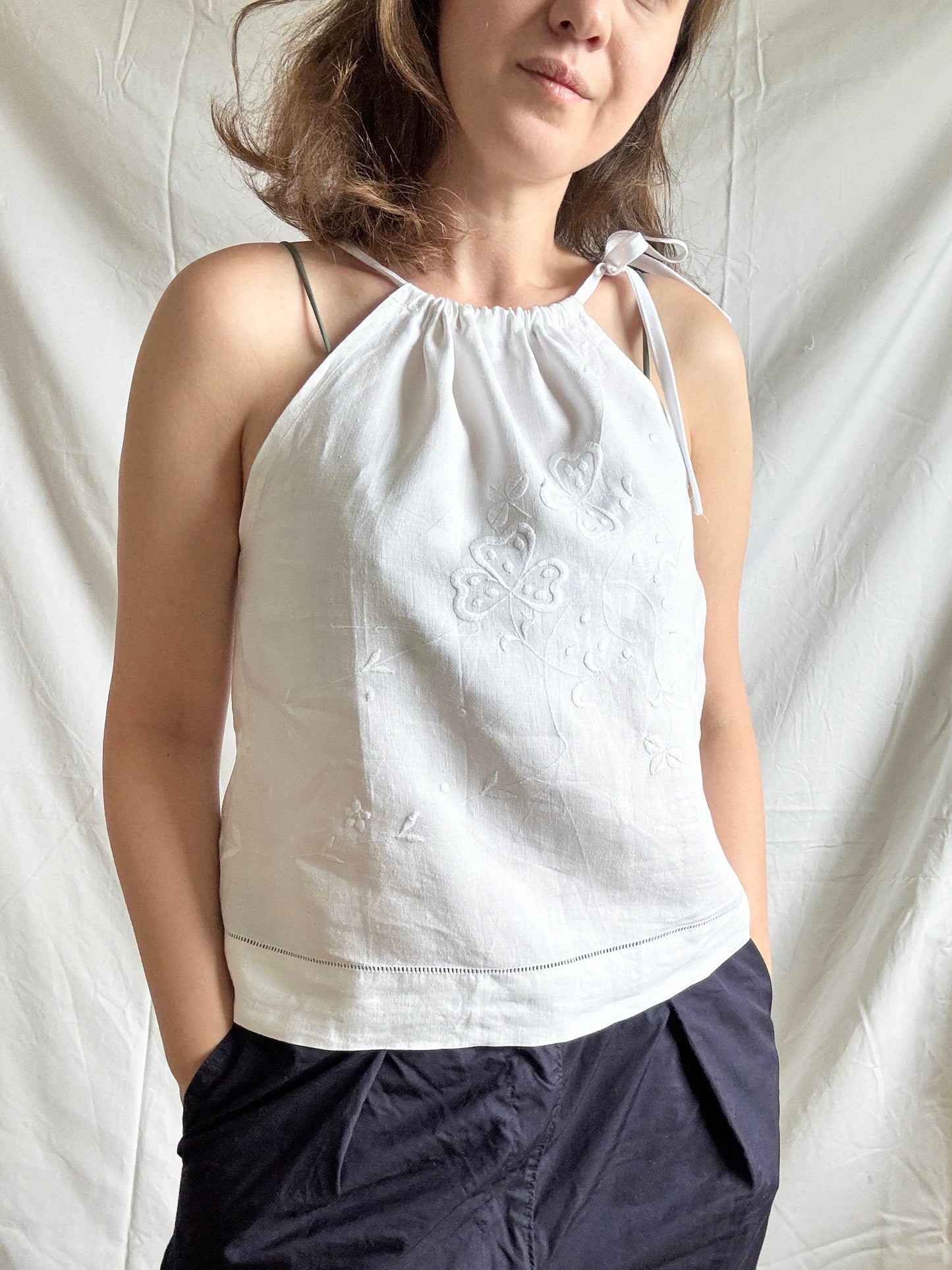 Reworked White Linen Top; Upcycled Tablecloth Top; Halter Neck Top