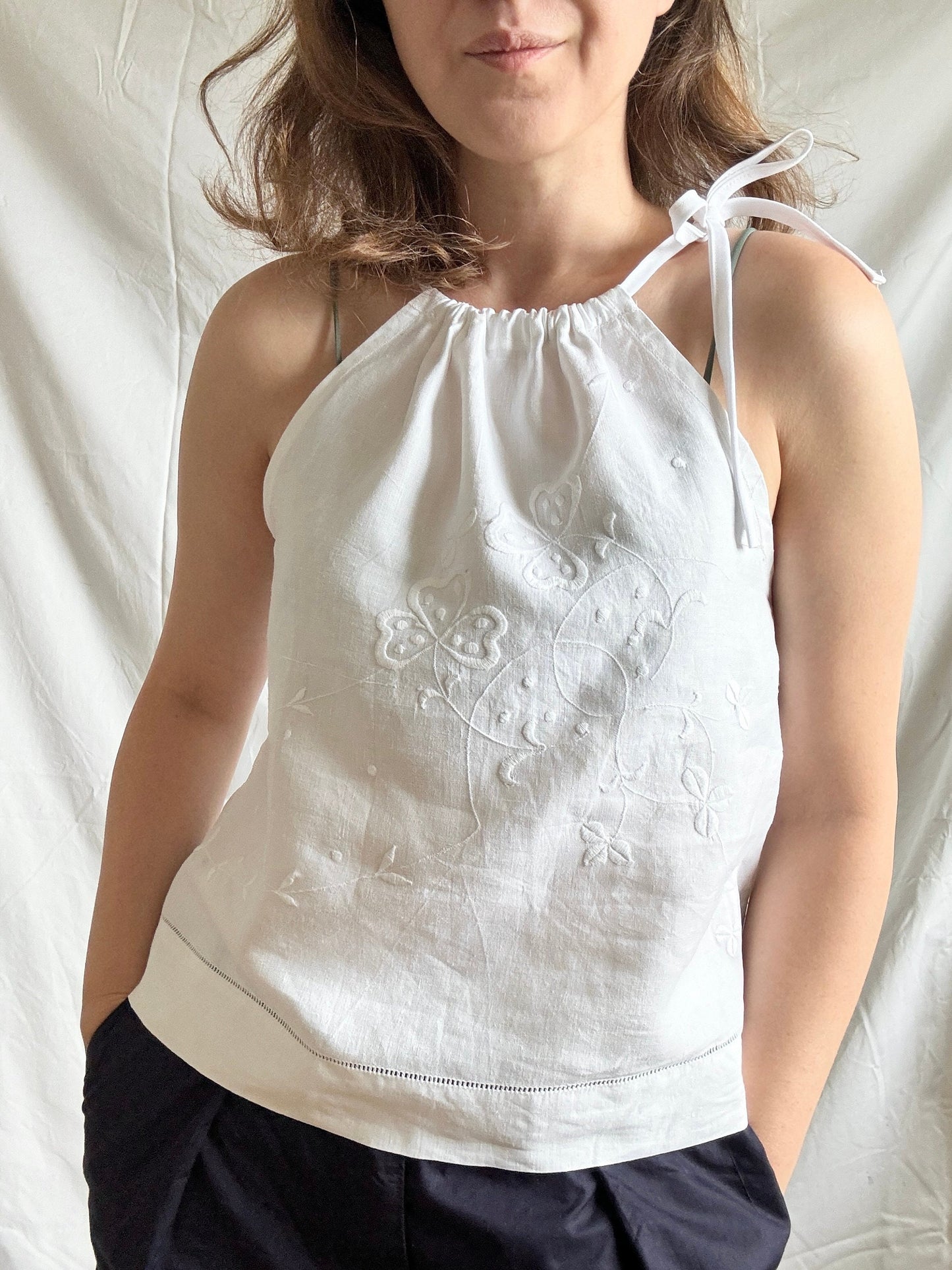 Reworked White Linen Top; Upcycled Tablecloth Top; Halter Neck Top