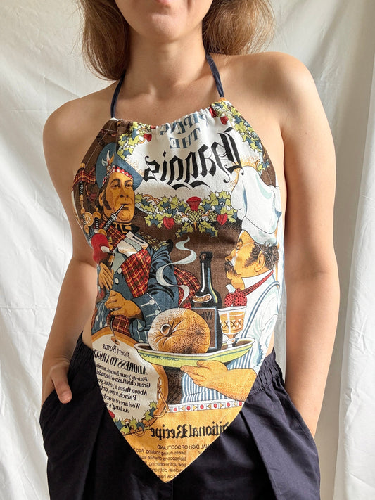 Reworked Small Tea Towel Top; Cottagecore Halter Neck Top