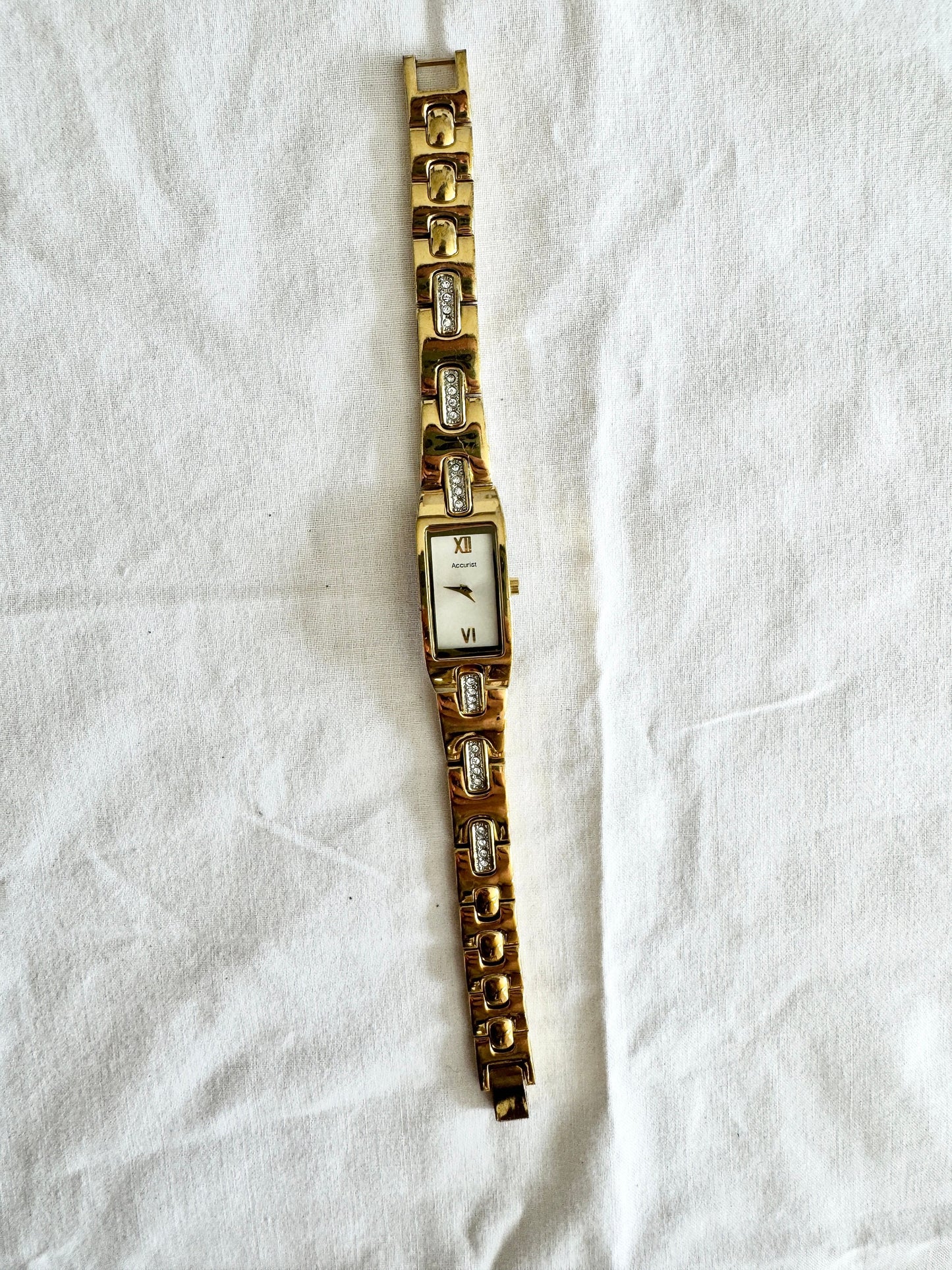 Vintage Dainty Stone Watch; Gold Tone Roman Number Watch