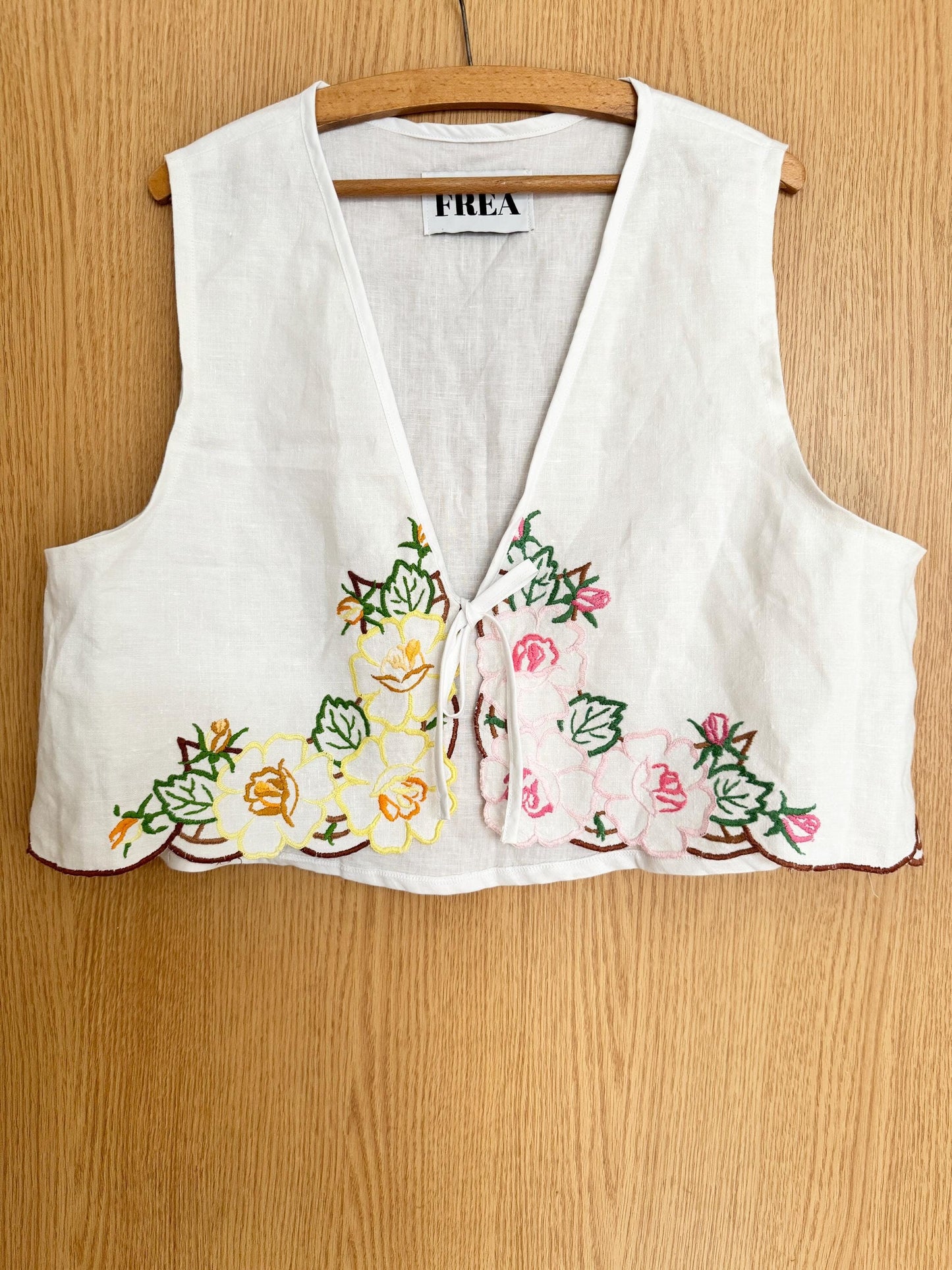 Reworked White Vest Top; Linen Embroidered Blouse