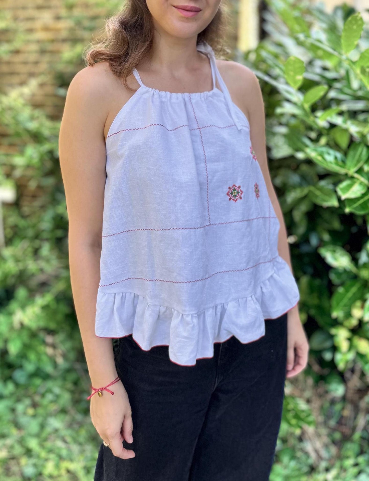 Upcycled Linen Tank with Elegant Halter Neck and Embroidered Accents