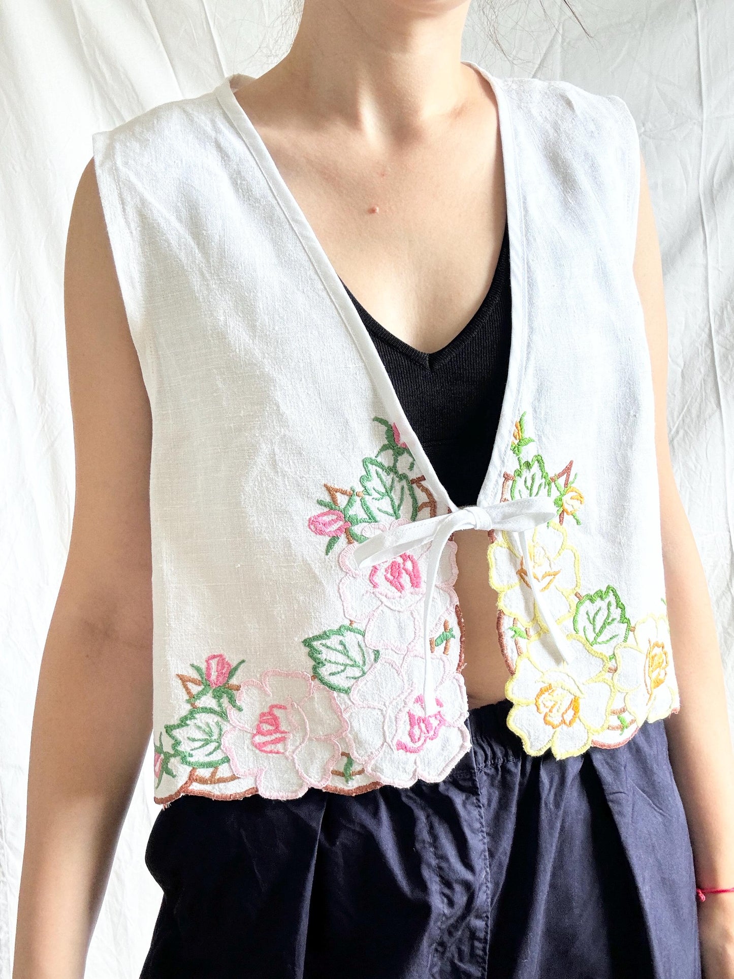 Reworked White Vest Top; Linen Embroidered Blouse