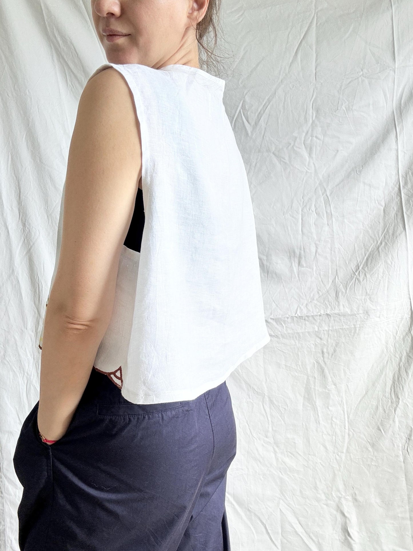 Reworked White Vest Top; Linen Embroidered Blouse