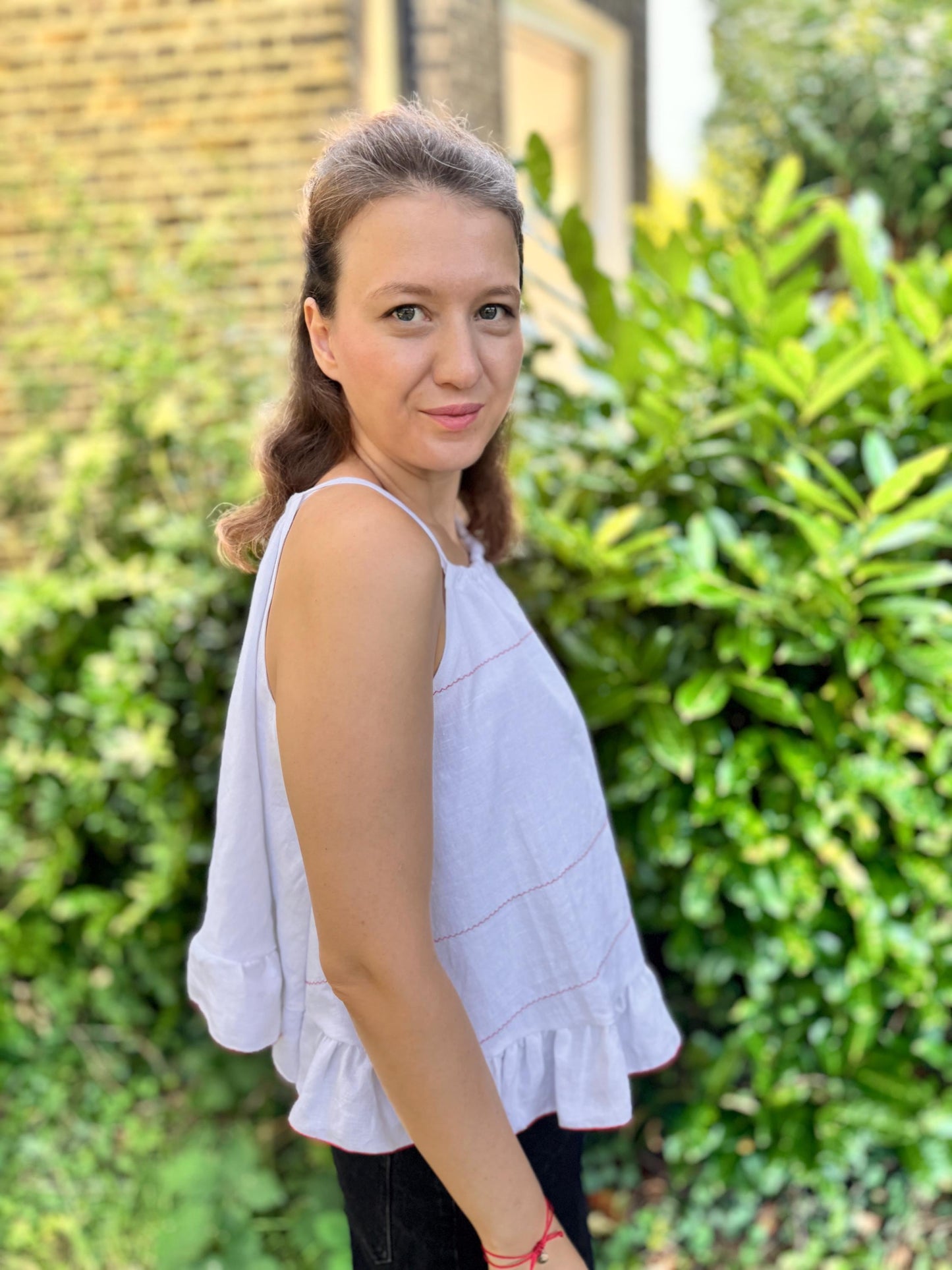Upcycled Linen Tank with Elegant Halter Neck and Embroidered Accents