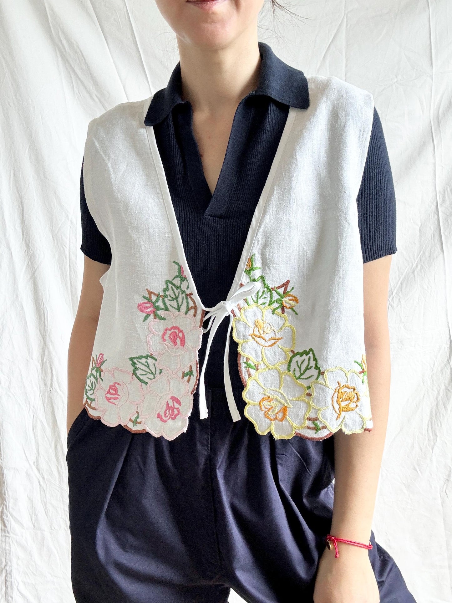 Reworked White Vest Top; Linen Embroidered Blouse