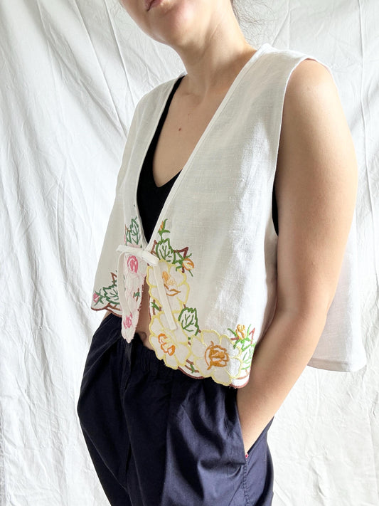 Reworked White Vest Top; Linen Embroidered Blouse