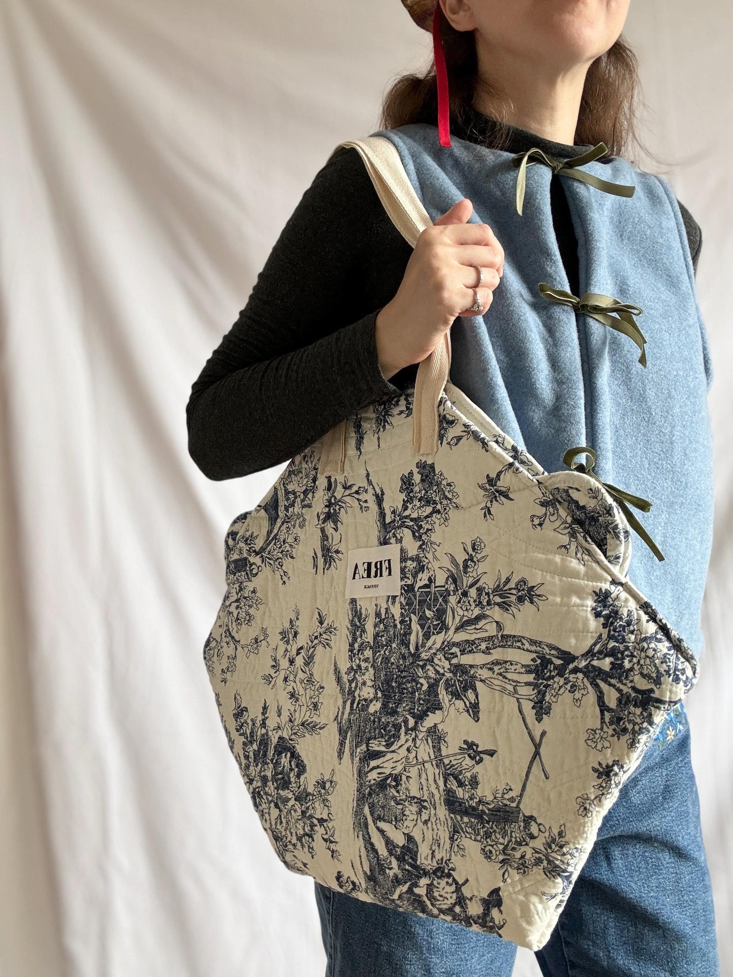 Quilted Blue Bag; Reworked Toile de Jouy Shoulder Bag