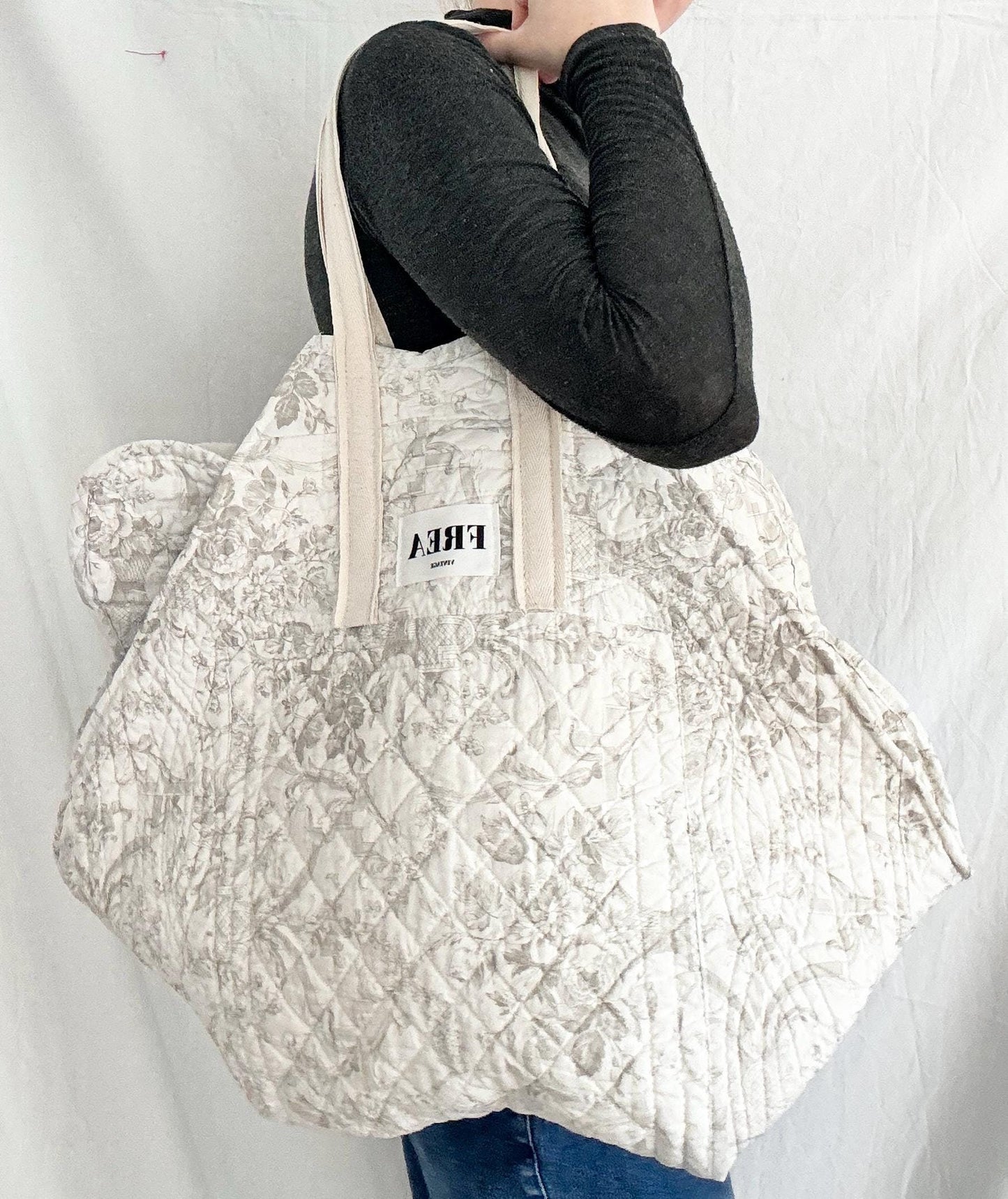 Quilted Beige Bag; Reworked Toile de Jouy Bag