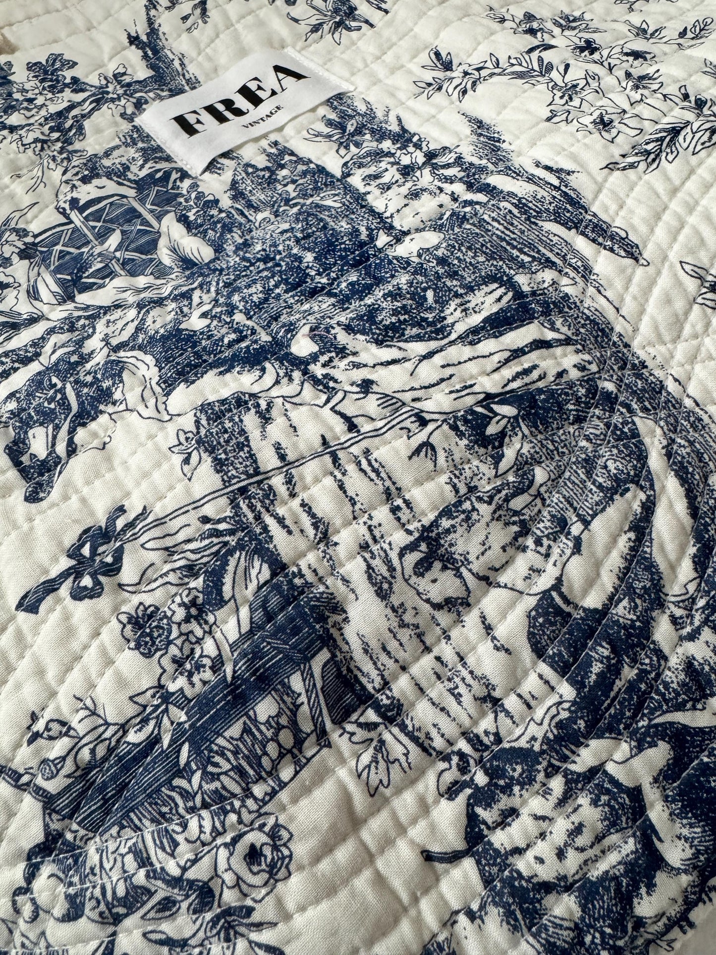 Quilted Blue Bag; Reworked Toile de Jouy Shoulder Bag