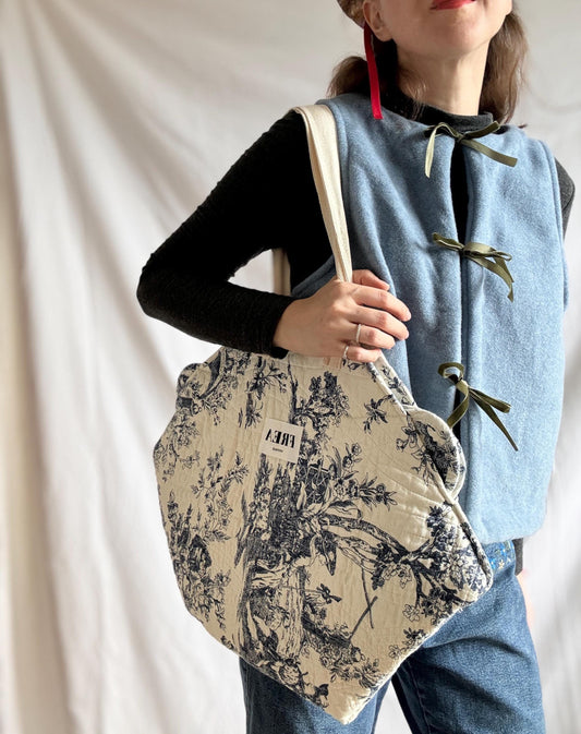 Quilted Blue Bag; Reworked Toile de Jouy Shoulder Bag