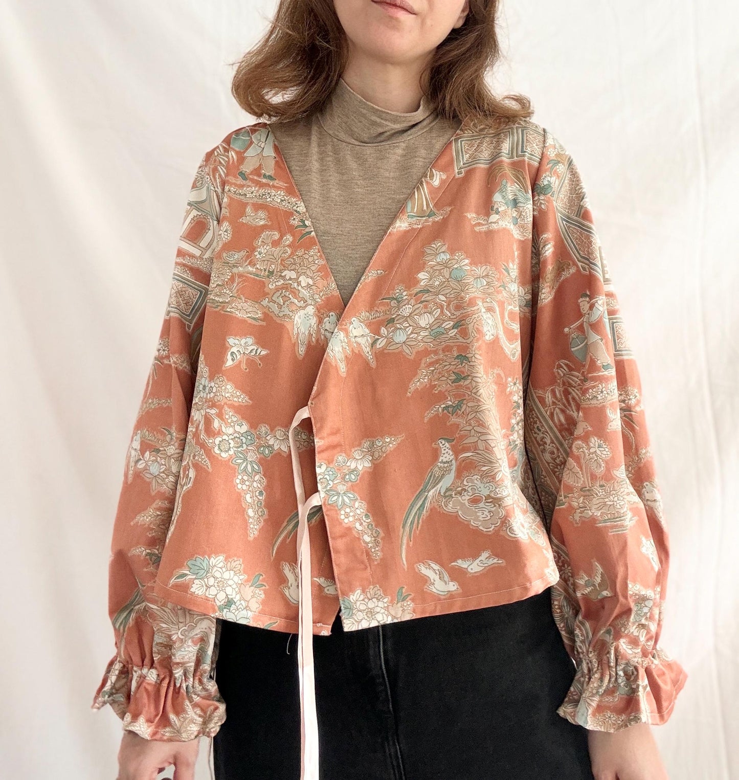 Rework Tie Front Blouse; Asian Print One of A Kind Wrap Top