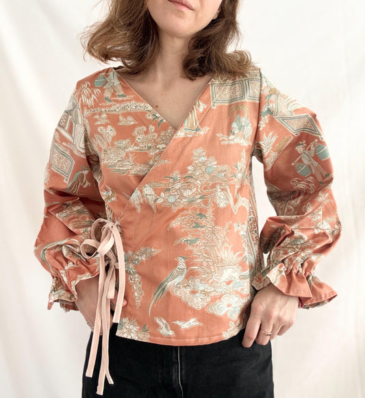Rework Tie Front Blouse; Asian Print One of A Kind Wrap Top