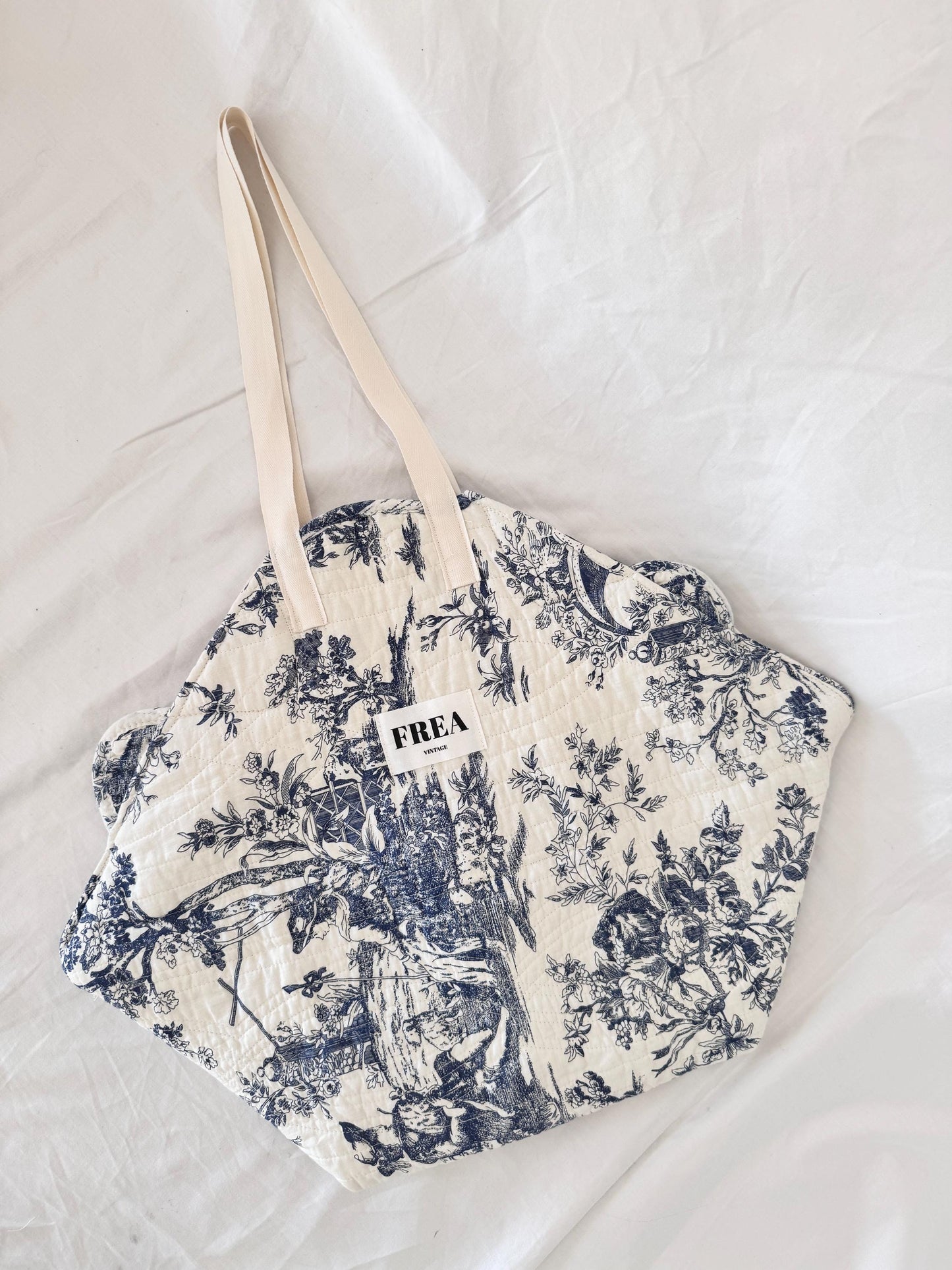 Quilted Blue Bag; Reworked Toile de Jouy Shoulder Bag