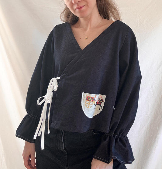 One of A Kind Embroidered Blouse; Rework Tie Front Blouse