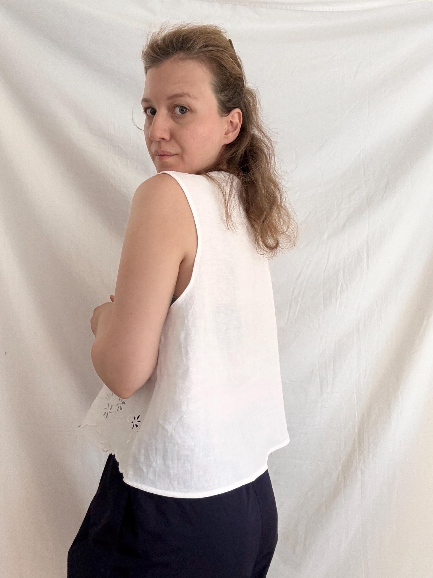 Reworked Cotton Top; Embroidered Tie Vest