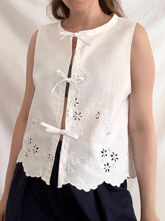 Reworked Cotton Top; Embroidered Tie Vest