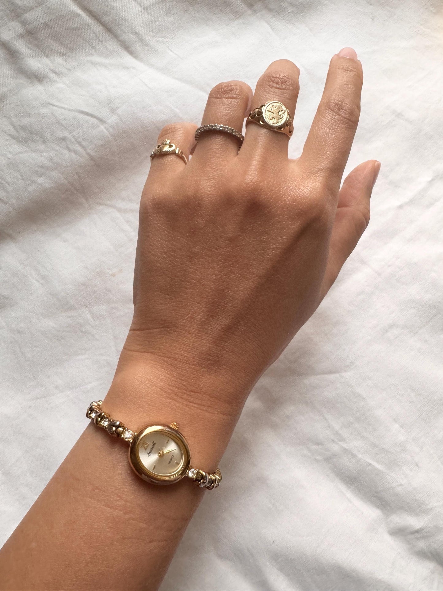 Dainty Bracelet Watch; Vintage Heart Detailed Stone Watch